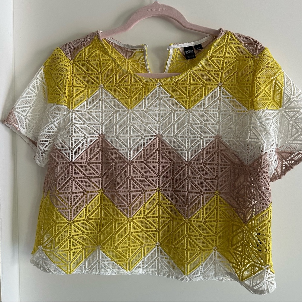 ICON Yellow, White, and Brown Geometric Lace Blouse